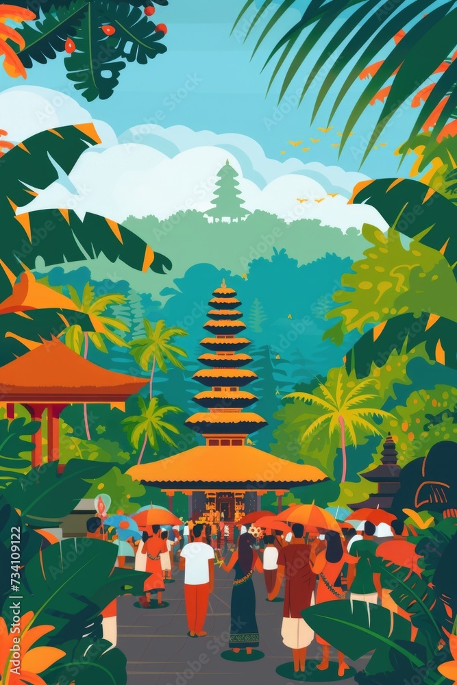 A group of people standing in front of a pagoda. This image can be used to depict travel, tourism, cultural diversity, or group activities