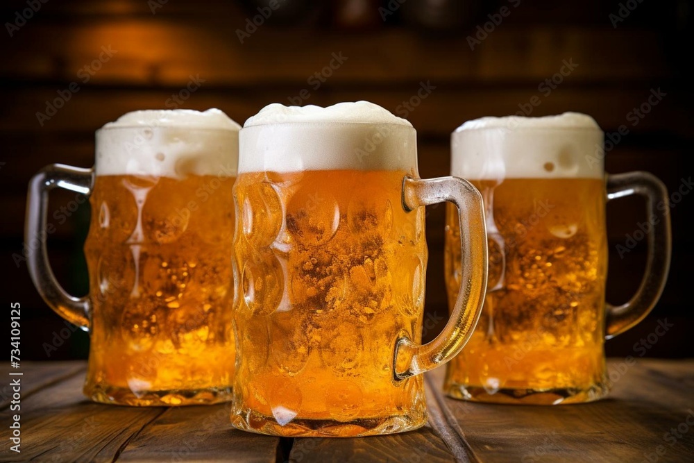 Three mugs of frothy beer, hoppy-tasting brew. Generative AI