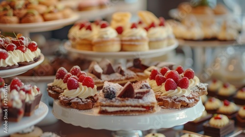 A collection of various cakes and pastries displayed on a table. Perfect for bakery promotions or food-related projects
