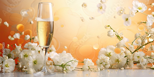 Champagne or sparkling wine glass with spring flowers on the table. Alcoholic drinks advertising banner mockup.