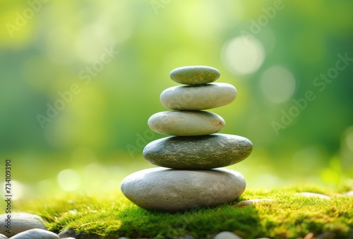 Pile of zen stones on green moss background. Zen concept