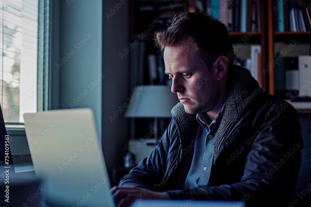 A focused man sits at his desk surrounded by books and a bookcase, his face illuminated by the glow of his laptop screen as he works diligently on his personal computer indoors A focused man sits at his desk surrounded by books and a bookcase, his face illuminated by the glow of his laptop screen as he works diligently on his personal computer indoors