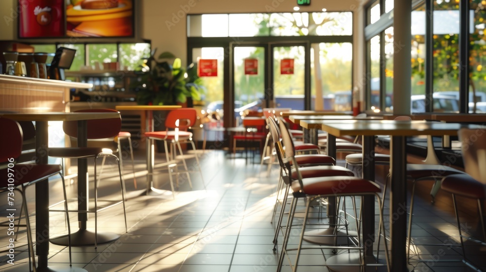 A busy restaurant filled with numerous tables and chairs. Perfect for illustrating a bustling dining establishment.