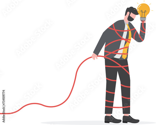 Solving complex problem, difficult idea or complicated solution, challenge or contemplation to overcome difficulty concept, frustrated businessman holding lightbulb idea while try to solve messy knot.