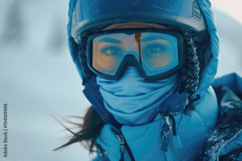 A woman wearing a blue jacket and goggles. Perfect for outdoor activities and sports A woman wearing a blue jacket and goggles. Perfect for outdoor activities and sports