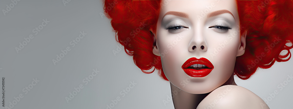Portrait of a woman with bright lipstick and red hair on a gray background.