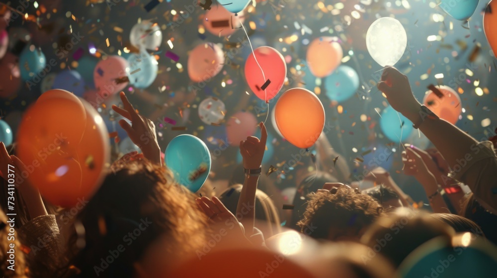 A lively crowd of people holding up colorful balloons and confetti. This image captures the excitement and joy of a celebration or special event. - obrazy, fototapety, plakaty 