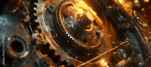 Intricate gears and cogs close-up. mechanical components in detail. engineering and machinery concept. technology background with golden hues. AI