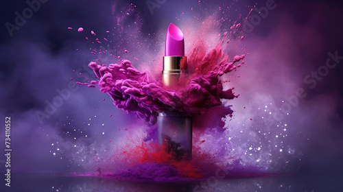 Purple lipstick on a splash of blue paint or powder background. photo