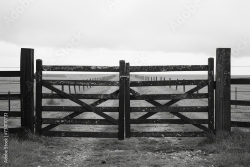 A black and white photo of a wooden gate. Suitable for various uses