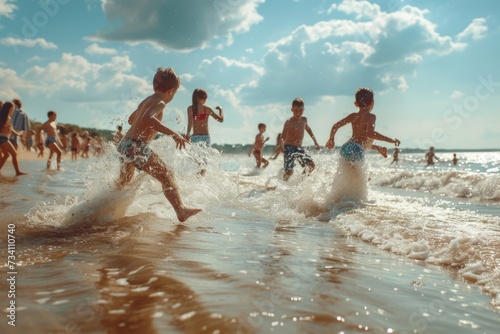 Group of people running in the water at the beach. Perfect for summer activities and beach vacations