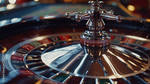 Close up view of a casino roulette wheel. Ideal for gambling and casino-themed designs