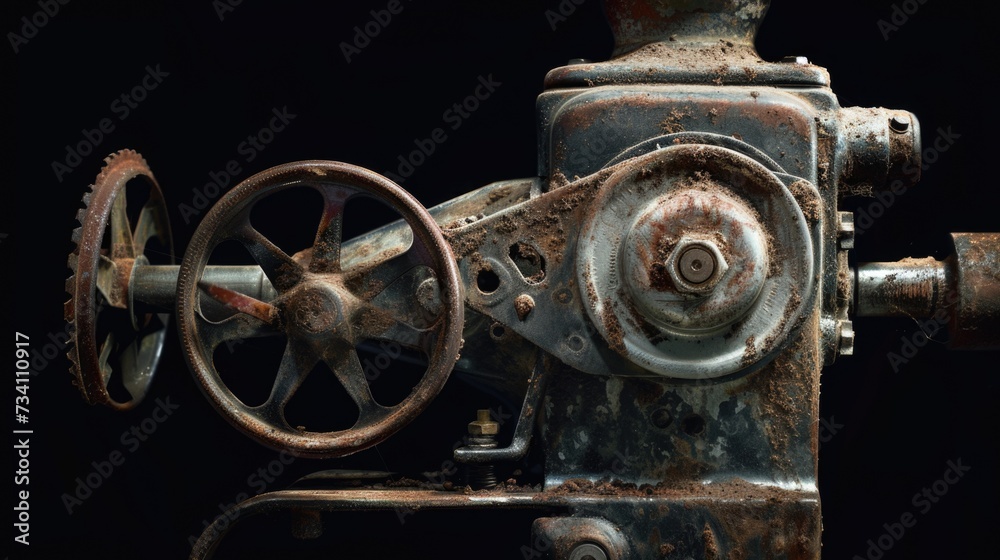 A detailed view of a machine on a black background. Perfect for industrial or technology-themed projects