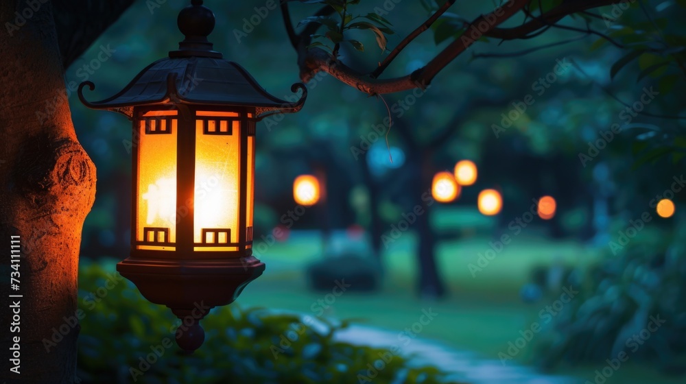 A lantern hanging from a tree in a park. Can be used to create a peaceful and calming atmosphere in design projects A lantern hanging from a tree in a park. Can be used to create a peaceful and calming atmosphere in design projects