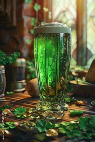 A glass of green beer sitting on top of a table. Perfect for St. Patrick's Day celebrations