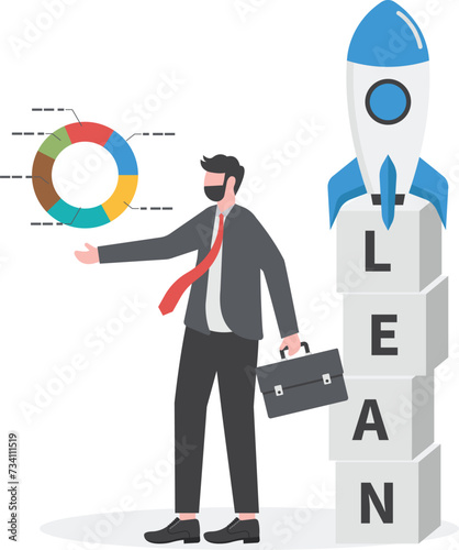Lean startup using agile methodology to manage company for fast deliver or launch product, businessman showing growth graph leaning on box stack with the word LEAN with ready to rocket ship on top.

