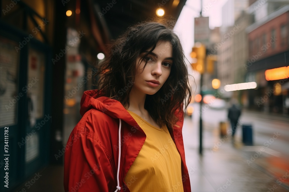 Portrait of a beautiful young brunette woman in a red raincoat on the street.