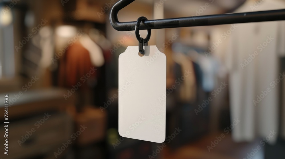 A white tag hanging from a clothes rack, suitable for product labeling and inventory management - obrazy, fototapety, plakaty 