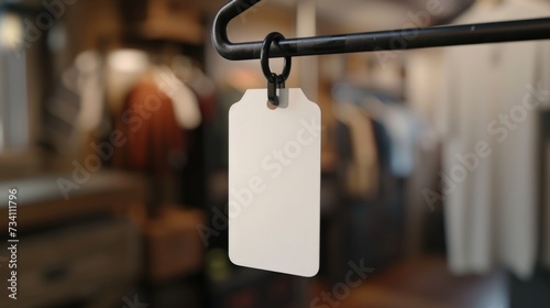 A white tag hanging from a clothes rack, suitable for product labeling and inventory management