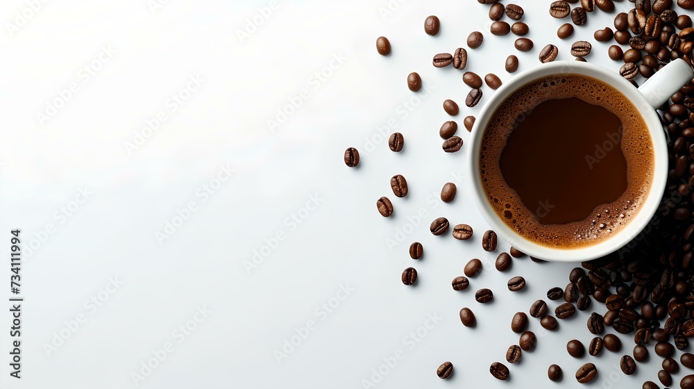 Warm cup of coffee on white background surrounded by beans. perfect for morning boost. simple and elegant. AI Warm cup of coffee on white background surrounded by beans. perfect for morning boost. simple and elegant. AI