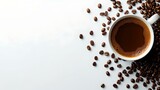 Warm cup of coffee on white background surrounded by beans. perfect for morning boost. simple and elegant. AI
