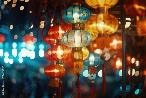 Colorful lanterns hanging from a ceiling. Perfect for adding a vibrant and festive touch to any event or venue