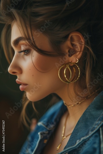 A detailed shot of a woman wearing a denim jacket. Versatile and stylish, this image can be used in fashion blogs, magazines, or social media posts
