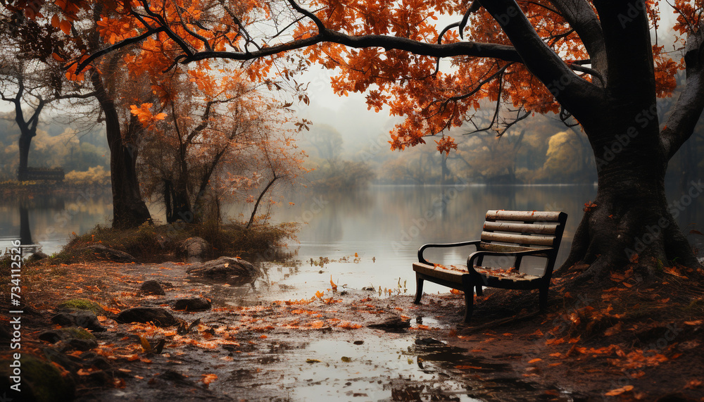 Tranquil autumn landscape tree, leaf, pond, reflection, grass, bench generated by AI