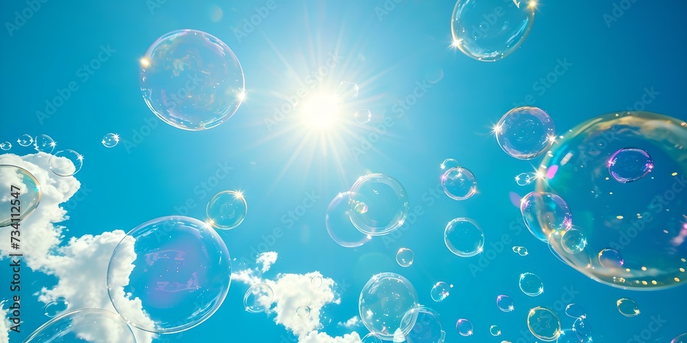 Sun illuminates floating soap bubbles against clear blue sky. outdoor fun and joy. whimsical summer day backdrop. AI