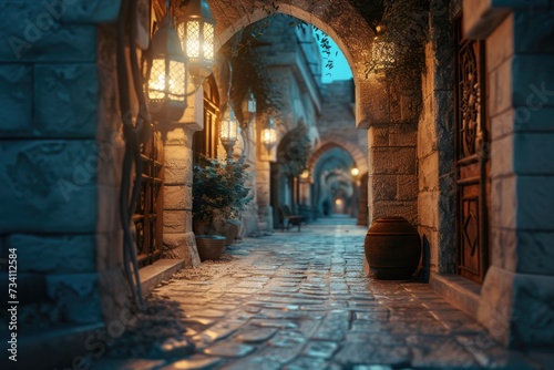 A narrow alley with stone walls and lanterns. Perfect for adding a touch of charm to any project