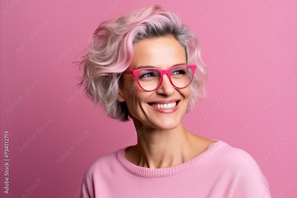 Close-up portrait of a beautiful happy woman with pink hair and glasses on a pink background