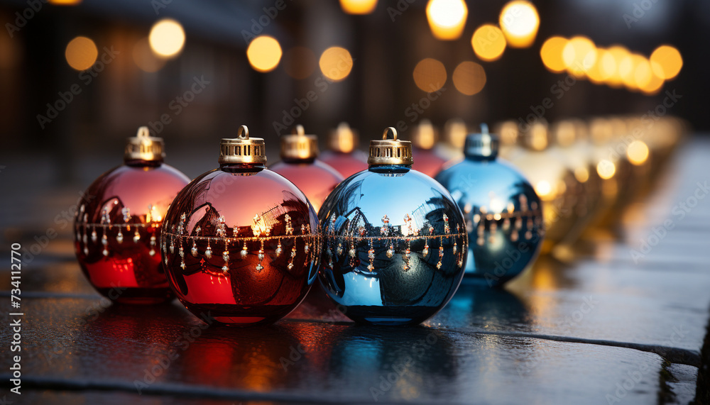 Christmas celebration illuminated table, close up of decoration and lighting equipment generated by AI