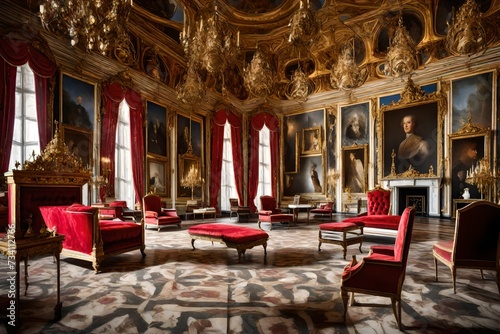 interior of palace with red sofas and red tables for good view generated by AI