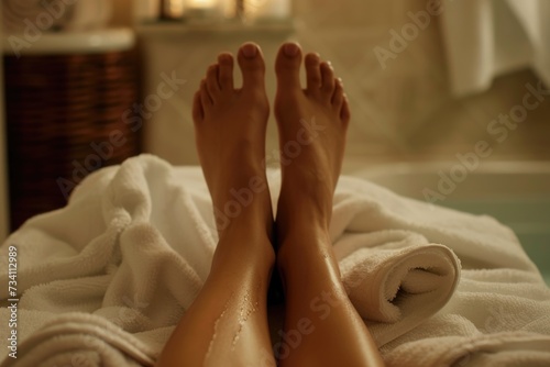 A person is seen laying on a towel in a bath tub. This image can be used to depict relaxation or self-care
