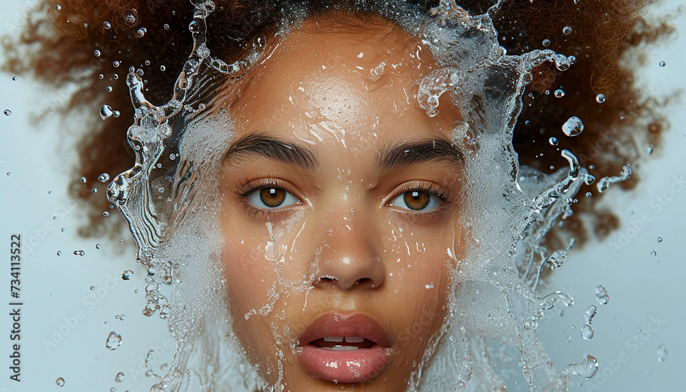 Detailed close-up of a young woman's face splashed with water, highlighting her captivating eyes.