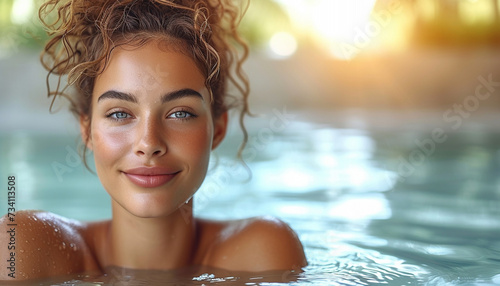 Close-up of a smiling young woman with curly hair relaxing in a pool  sunlit background.