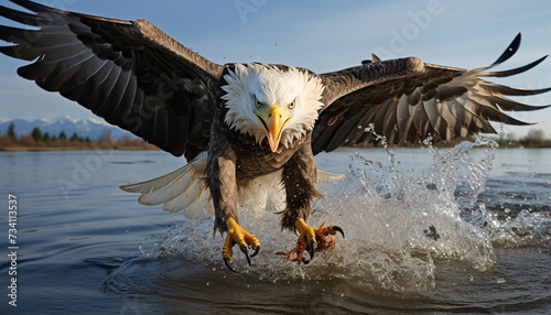 Bald eagle soaring, spreading wings, capturing fish in mid air generated by AI photo