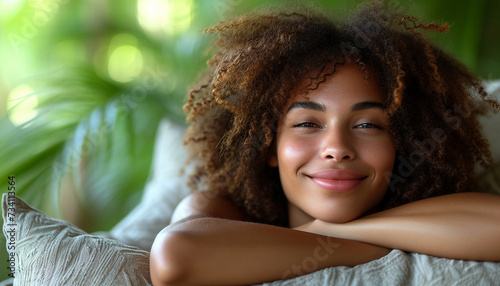 Relaxed young woman with curly hair leaning on a pillow  smiling contentedly with a blurred green background.