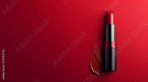 Bold red lipstick on a vivid red background. modern flat lay, beauty and cosmetics theme. close-up of makeup product. style and elegance in simplicity. AI photo