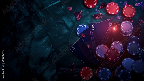 Dark atmospheric casino gambling scene with scattered poker chips and cards on a table. modern stylish gambling background. thrilling night life gaming theme. AI photo