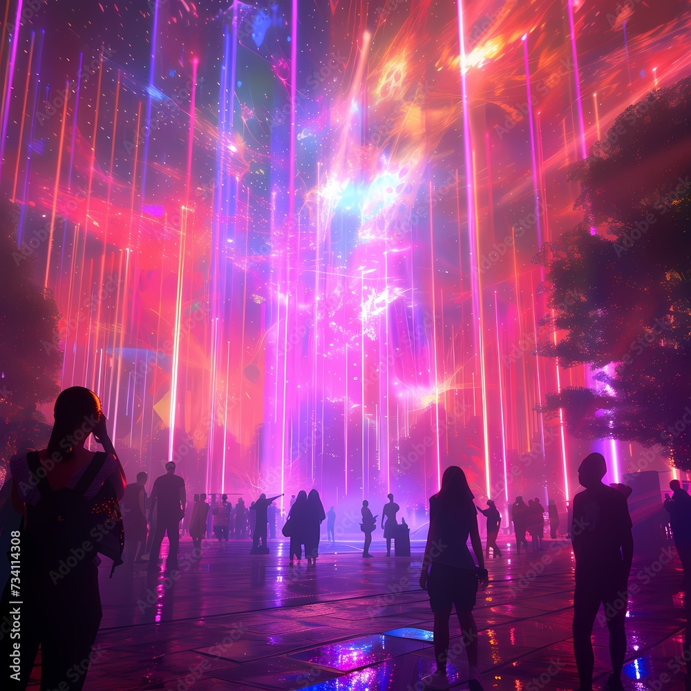 Spectacular Light Show in Urban Square with People Enjoying the View