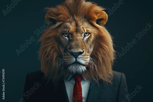 A man wearing a suit with a lion head on his head. This image can be used to represent creativity  uniqueness  or a quirky fashion statement