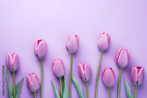 Vibrant tulip heads seen from above on a soft lilac background, presenting an inviting canvas for text. #734114568