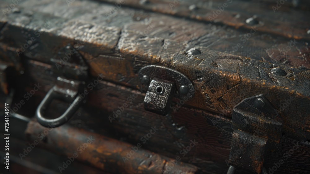 A detailed view of a trunk with a lock. Can be used to represent security, storage, or secrets