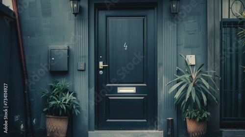 A black door with two potted plants in front of it. This image can be used to represent home entrances, exterior design, or adding a touch of nature to any space © Fotograf