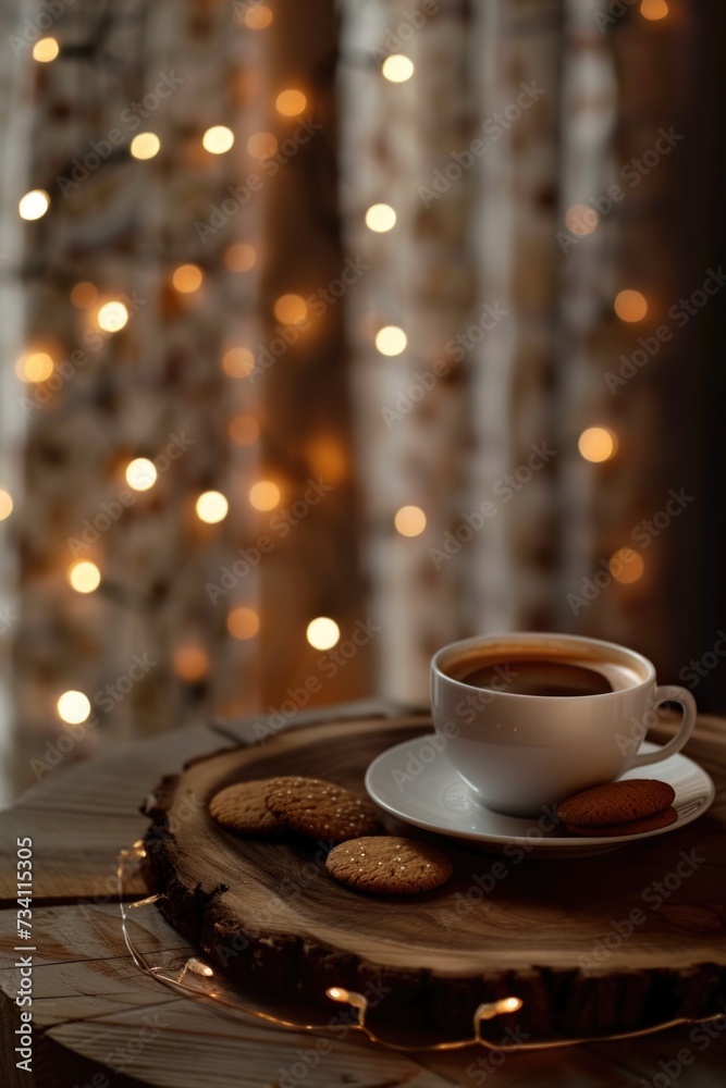 Obraz premium A simple and inviting scene with a cup of coffee and some cookies placed on a table. Perfect for illustrating a cozy coffee break or showcasing a delicious treat.