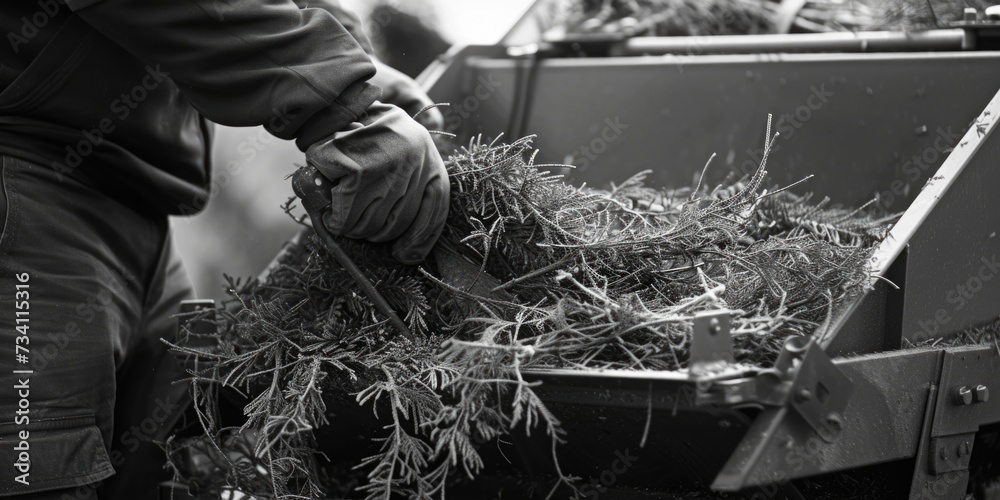A black and white photo of a person putting grass in a bin. Suitable for gardening or recycling themes
