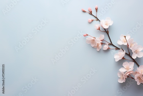 View from above  capturing the elegance of a tiny blossom against a soft  bright pastel background  leaving space for text.
