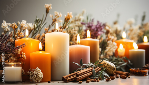 Aromatherapy candle burning, illuminating nature composition for relaxation and wellbeing generated by AI