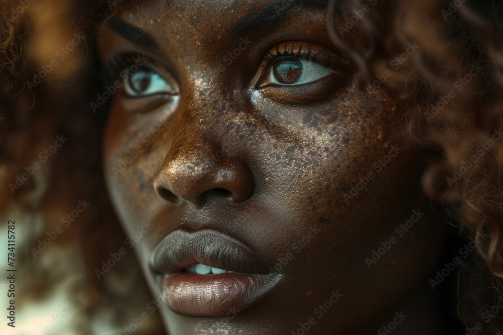 A close-up view of a woman's face with freckles. This image can be used for various purposes A close-up view of a woman's face with freckles. This image can be used for various purposes